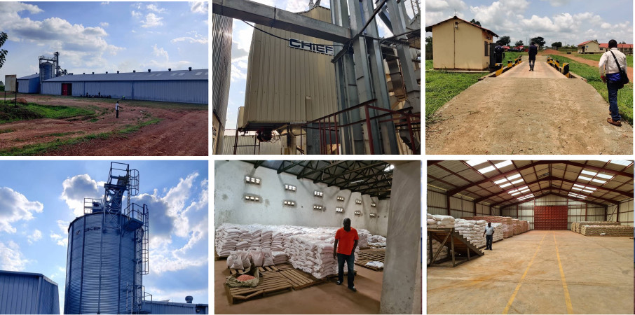 Photos of the Nwoya facility: silos, warehouses and drying yard