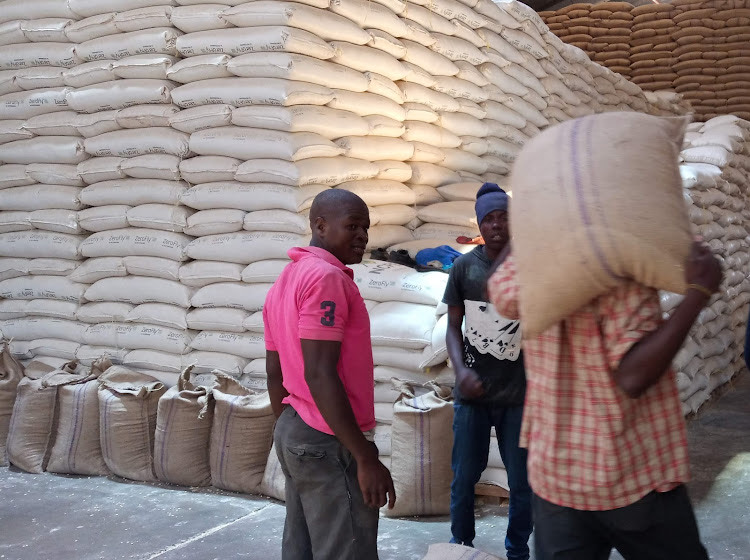 Workers loading sacks of grain