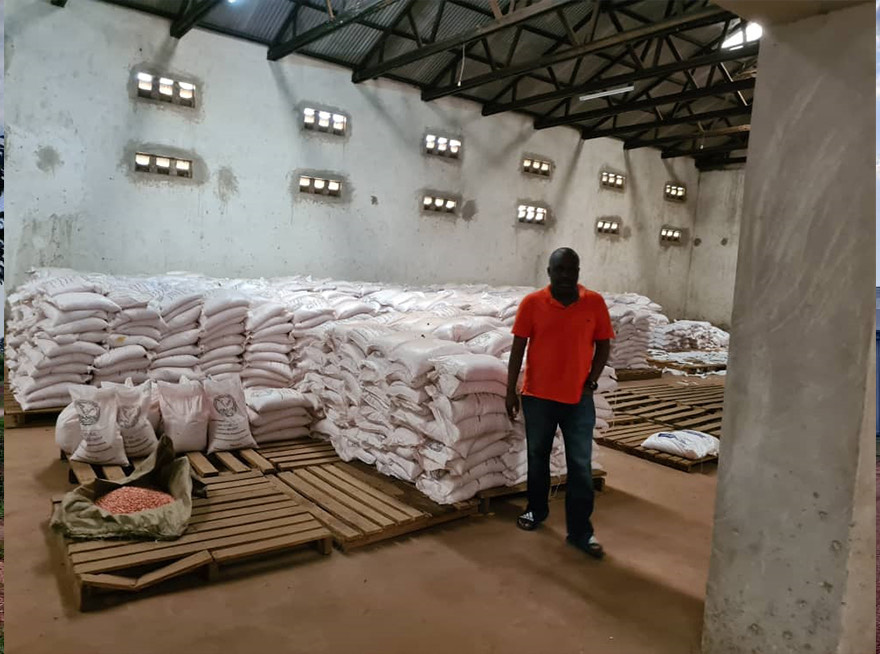 Bagged grain stacked on pallets in a Nile Fresh Produce warehouse